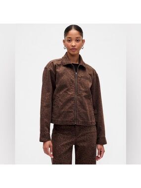 Gap Cropped Leopard Print Denim Chore Jean Jacket Coat NWT M BoHo Mob Wife